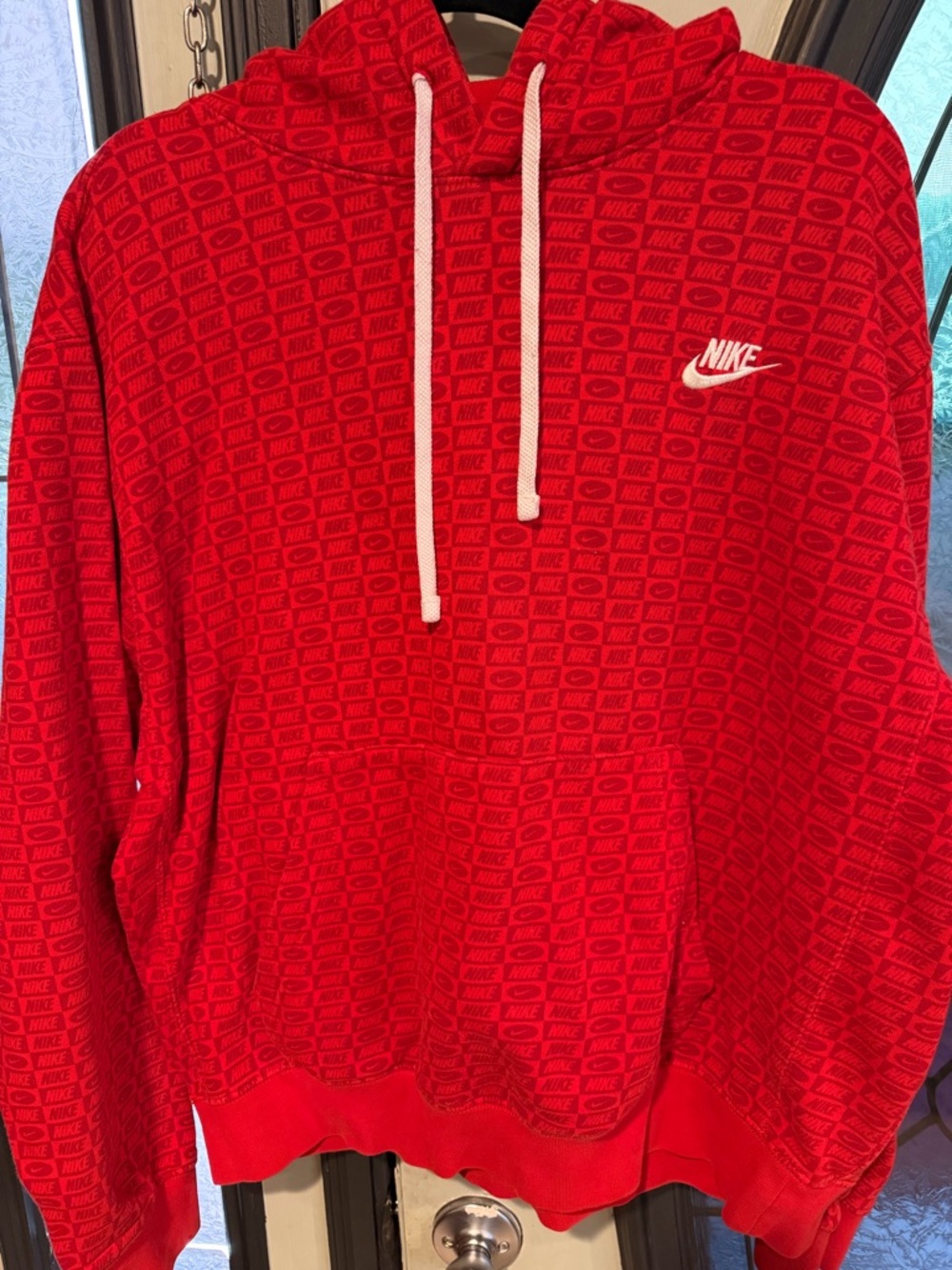 Nike Red Hoodie with White Drawstrings and Allover Logo